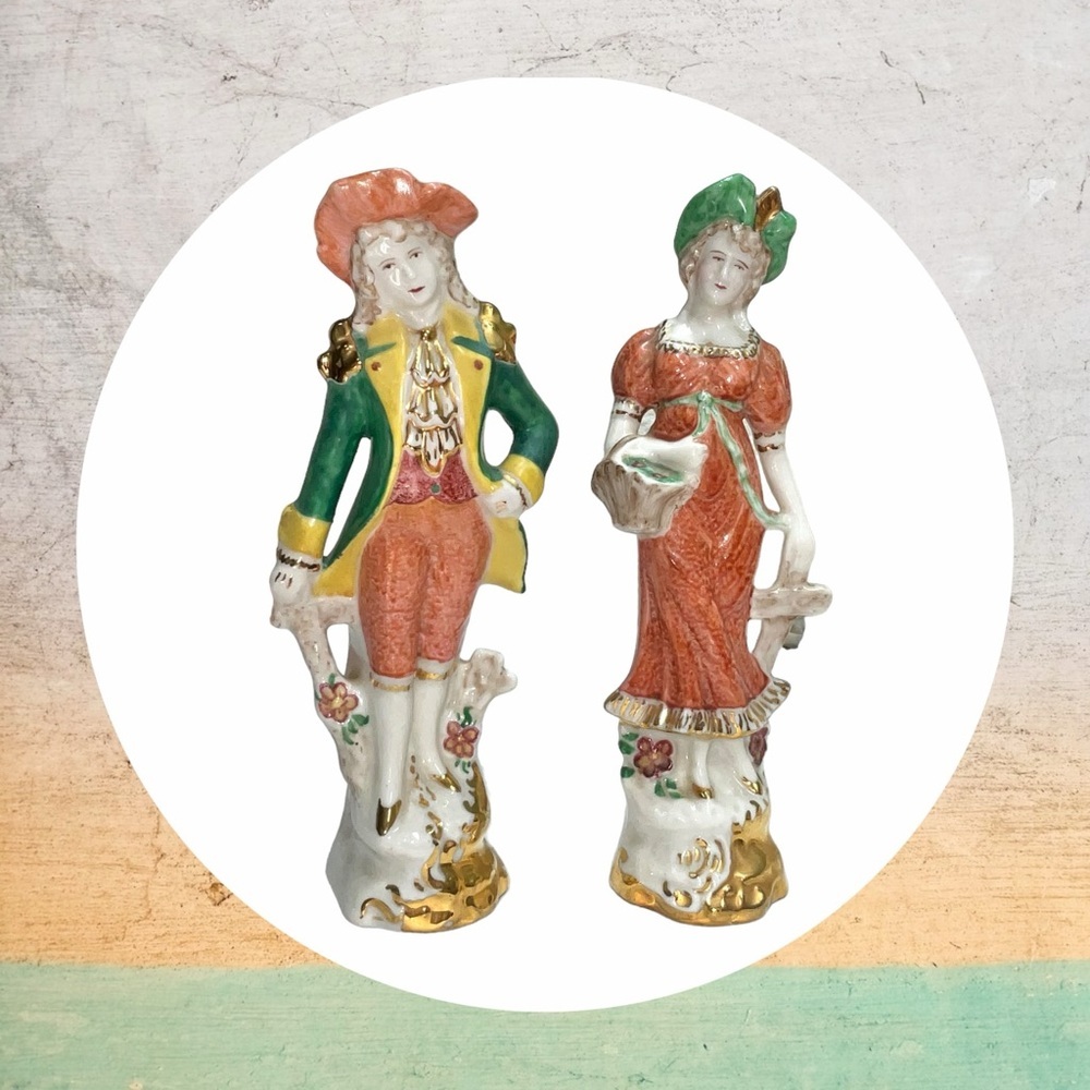 Antique Hand Painted Victoria Colonial Couple Green/Orange w Flowers/Gold Bottom